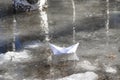 White paper boat in a stream with melted snow with shadows from birches in spring on a sunny day. Spring landscape, snow melting.T