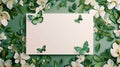 White paper card with green leaves and white flowers on a green background Royalty Free Stock Photo
