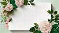 White paper card with pink flowers and green leaves on green background. Generative AI Royalty Free Stock Photo