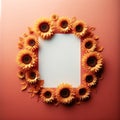 white paper in the center of a floral wreath of sunflowers. colorful background, Floral Background