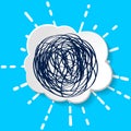 White paper cloud with linear rays of firework and tangled line on blue background. Cloud speech frame icon. Think problem balloon Royalty Free Stock Photo