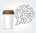 White paper coffee cup and bubble thought with diagram icons