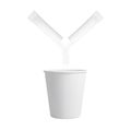White paper coffee cup and falling sugar from torn sugar stick. Realistic vector mockup.