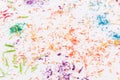White paper covered in colored pencils sharpening leftovers Royalty Free Stock Photo