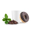 White paper cup with white cap with coffee beans and chocolate donut on a white background. Royalty Free Stock Photo