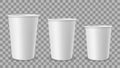 White paper cups. Cup for drinks, lemonade juice coffee tea ice cream container in different size. Empty 3d realistic Royalty Free Stock Photo