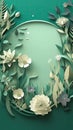 White paper cut flowers on light green background. Vertical frame made of floral pattern with blank round empty copy Royalty Free Stock Photo