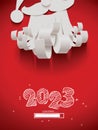 White paper cut Santa Claus greeting card with loading year 2023 on a red background,vector illustration