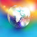White paper cut style world map on abstract mesh sphere and glitter put on colorful gradient background.