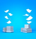 The white paper falling onto the stack of books with blue background. Royalty Free Stock Photo