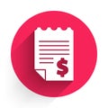 White Paper or financial check icon isolated with long shadow. Paper print check, shop receipt or bill. Red circle Royalty Free Stock Photo