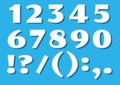 White paper font numbers with shadows from 1 to 0 and characters on blue background. Vector Royalty Free Stock Photo