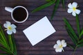 White paper and green bamboo flat lay. Blank card mockup with coffee cup. Royalty Free Stock Photo