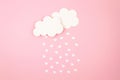 White paper hearts and clouds over pink background. Abstract background with paper cut shapes. Sainte Valentine, mother\'s day, Royalty Free Stock Photo