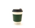 White paper hot coffee cup with black lid, green corrugated hot cup sleeves jackets holder kraft paper isolated on white Royalty Free Stock Photo