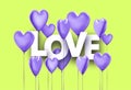 White paper love sign among 3d violet realistic balloons in heart shape