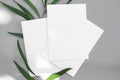 White paper mock-ups with leaves isolated on gray background, Blank portrait paper A4. brochure newspaper magazine, can use poster Royalty Free Stock Photo