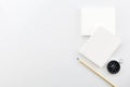 White paper note with pencil and compass,business objects on white background,Business direction and business planning concept. Royalty Free Stock Photo