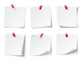 White paper notes on red thumbtack. Top view note sticker with pins vector set Royalty Free Stock Photo