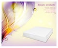 White paper packaging on blue waves background. Square flat box for cosmetics and perfumery