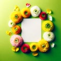 A white paper with petals of bright ranunculus flowers around it.