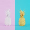 White paper pineapple on pink background and yellow paper pineapple on blue background