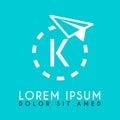 white paper plane logo with the letter K in the middle and the dashed plane path Royalty Free Stock Photo