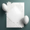White paper sheet with cut out floral flower ornaments and white easter eggs on a blue teal background Royalty Free Stock Photo
