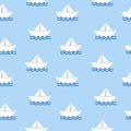 White paper ship seamless pattern. Cartoon hand drawn colorful sail childish collection, water transport on blue background. Kids