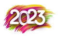 White paper 2023 sign in frame on pink and yellow gradient brush strokes background