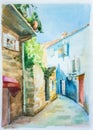 On white paper, the street of a European city, illuminated by the sun, is pictorially painted by hand in watercolor. The blue sky