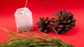 White paper tea bag with pine cones and spruce branches on a red background close-up, tea with forest aroma Royalty Free Stock Photo