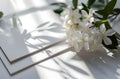 white paper template and pictures of white apsara flowers on a white table