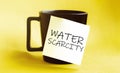 White paper with text Water scarcity on the black cup