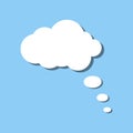 White paper thought bubble on blue background. Cloud speech frame icon. Think balloon silhouette design. Vector illustration Royalty Free Stock Photo