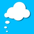 White paper thought bubble on blue background. Cloud speech frame icon. Think balloon silhouette design. Vector illustration