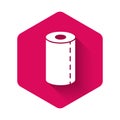 White Paper towel roll icon isolated with long shadow. Pink hexagon button. Vector Illustration Royalty Free Stock Photo