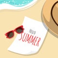 White paper with word hello summer on white sand beach with sunglasses and fashion hat as traveler`s accessories items with wave