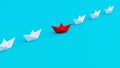 White paperboats in one direction with one red paperboat changing direction on cyan background. Being innovative and