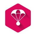 White Parachute icon isolated with long shadow background. Extreme sport. Sport equipment. Pink hexagon button. Vector Royalty Free Stock Photo