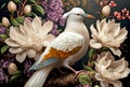 White paradise bird, flower background, exotic wallpaper, close-up, printable digital illustration