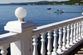 White parapet, the Angara River, motorboat Royalty Free Stock Photo