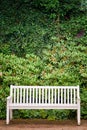 White park bench in front of green plants background Royalty Free Stock Photo