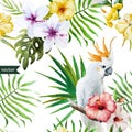 White parrot, hibiscus, tropical, palm trees, flowers, pattern, wallpaper Royalty Free Stock Photo