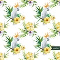 10 white parrot, hibiscus, tropical, palm trees, flowers, pattern, wallpaper