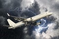 White passenger airplane takes off during a thunderstorm lightning strike of rain, bad weather.