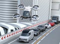 White passenger drone flying over cars in heavy traffic jam