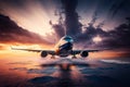 White passenger plane climbs through through a cloudy sky at sunset. Generative Ai. Royalty Free Stock Photo