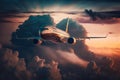 White passenger plane climbs through through a cloudy sky at sunset. Generative Ai. Royalty Free Stock Photo