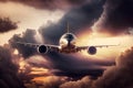 White passenger plane climbs through through a cloudy sky at sunset. Generative Ai. Royalty Free Stock Photo